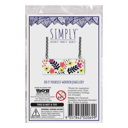 Lavender Simply DIY Plywood Jewellery Rectangle Pendant 55x20mm (6 Pieces) Beading