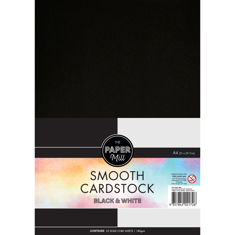 Black The Paper Mill Coloured Core Smooth Cardstock 180gsm A4 25 Sheets Black & White Paper Craft