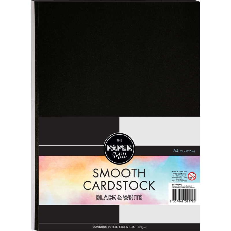 Black The Paper Mill Coloured Core Smooth Cardstock 180gsm A4 25 Sheets Black & White Paper Craft