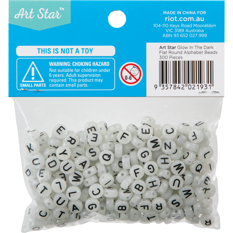 Gray Art Star Glow In The Dark Flat Round Alphabet Beads 4 x 7mm 300 Piece Pack Kids Craft Basics