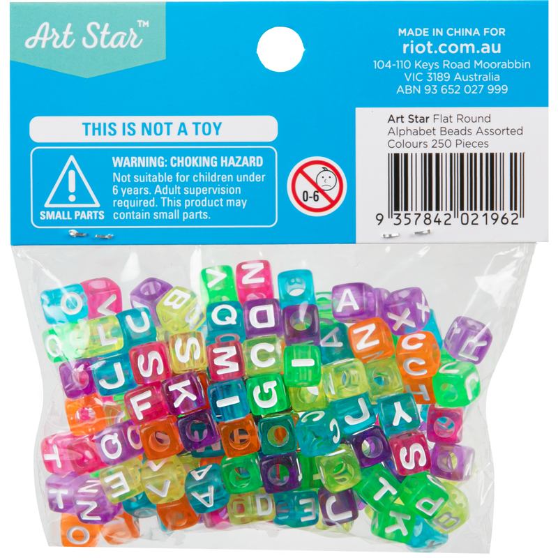 Light Sea Green Art Star Assorted Colour Translucent Cube Alphabet Beads 7 x 7mm 160 Piece Pack Kids Craft Basics