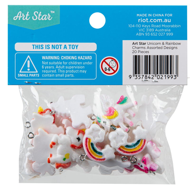 Light Sea Green Art Star Assorted Design Unicorn and Rainbow Charm 20 Piece Pack Kids Craft Basics