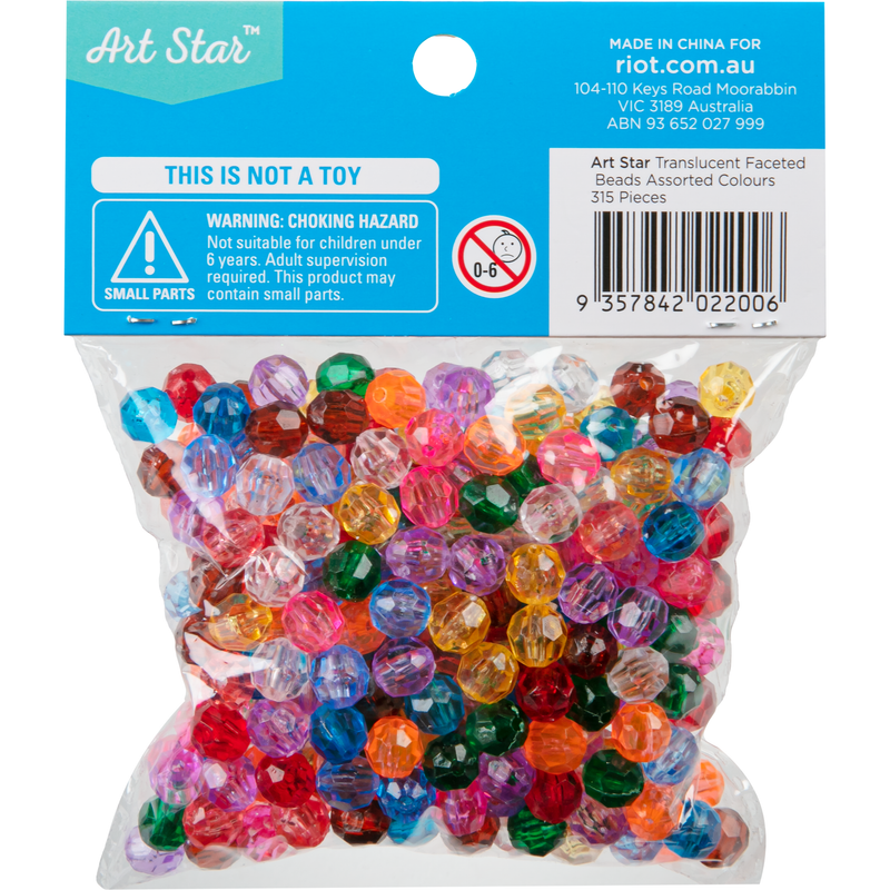 Light Sea Green Art Star Translucent Assorted Colour Faceted Beads 8mm 315 Piece Pack Kids Craft Basics