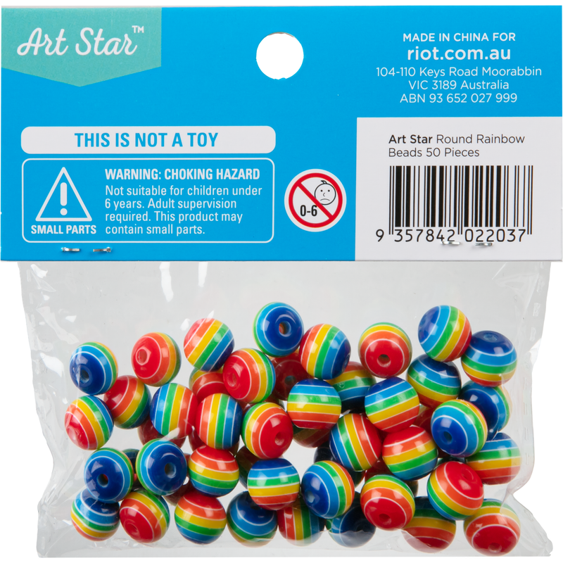 Light Sea Green Art Star Rainbow Colour Round Beads 9 x 10mm 50 Piece Pack Kids Craft Basics