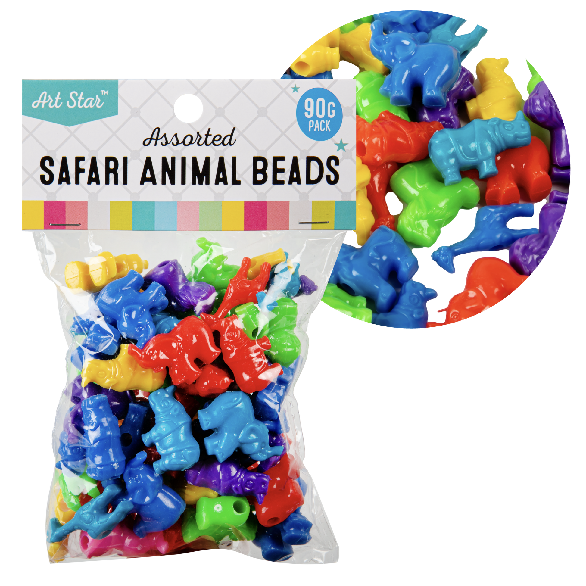 Dark Slate Blue Art Star Assorted Colour and Design Safari Animal Beads 90g Pack Kids Craft Basics