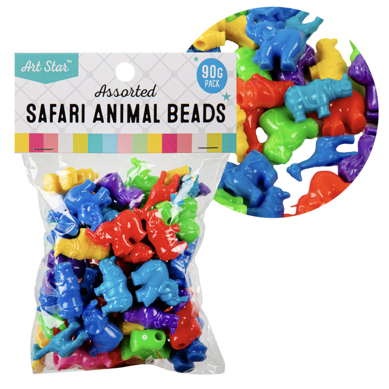 Dark Slate Blue Art Star Assorted Colour and Design Safari Animal Beads 90g Pack Kids Craft Basics