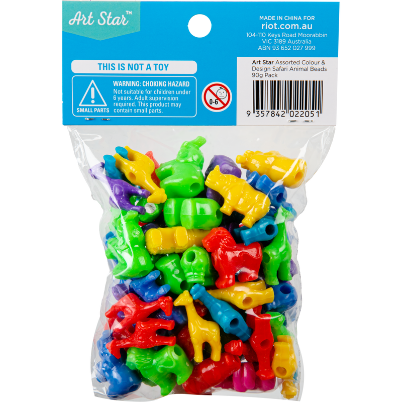 Tan Art Star Assorted Colour and Design Safari Animal Beads 90g Pack Kids Craft Basics