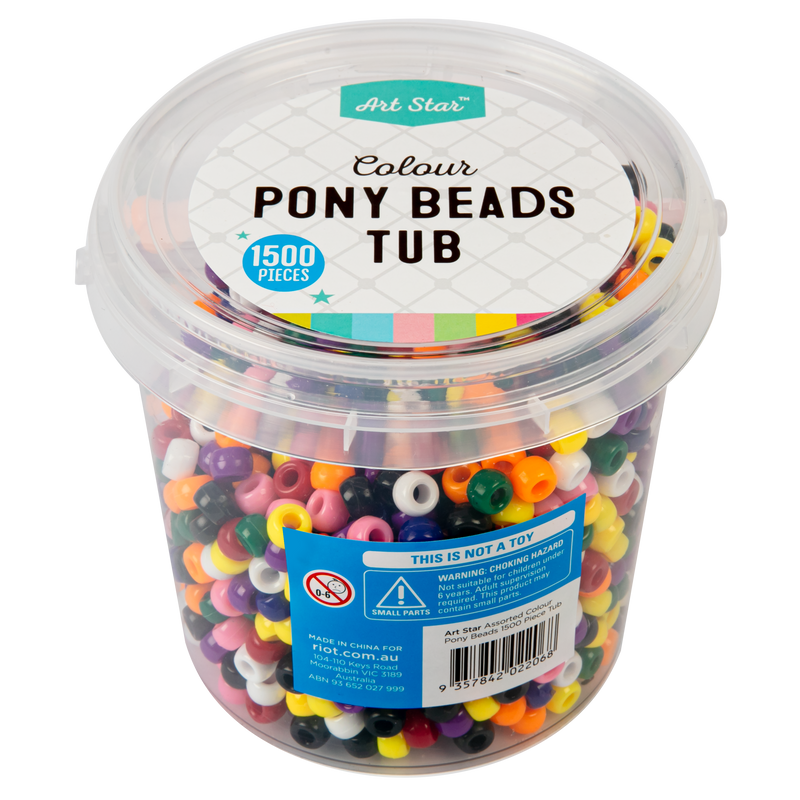 Light Gray Art Star Assorted Colour Pony Beads 6 x 9mm 1500 Piece Tub Kids Craft Basics