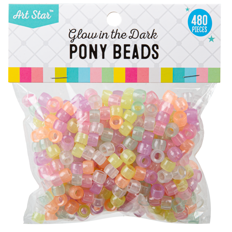 Light Gray Art Star Assorted Colour Glow in the Dark Pony Beads 6 x 8mm 480 Piece Pack Kids Craft Basics