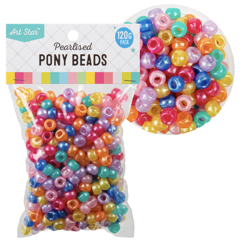 Light Gray Art Star Assorted Colour Pearlised Pony Beads 6 x 9mm 120g Pack Kids Craft Basics
