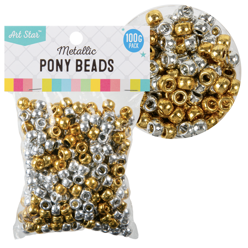 Light Gray Art Star Metallic Gold and Silver Pony Beads 6 x 9mm 100g Pack Kids Craft Basics