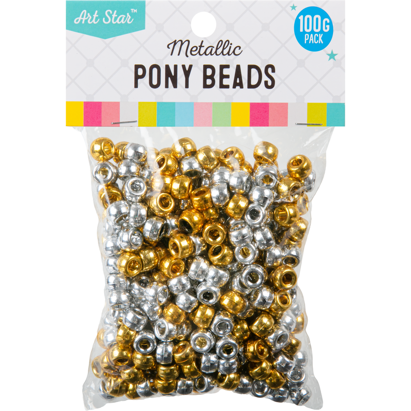 Light Gray Art Star Metallic Gold and Silver Pony Beads 6 x 9mm 100g Pack Kids Craft Basics