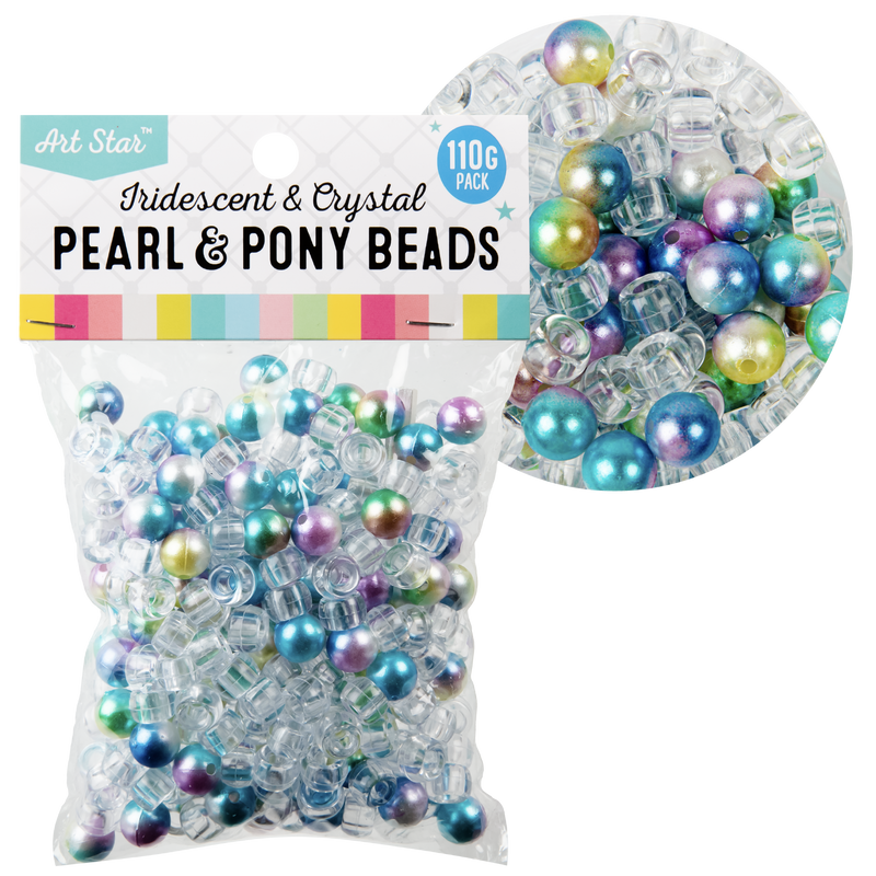 Light Gray Art Star Assorted Colour Round 10mm Iridescent Pearl Beads and Crystal Pony Beads 6 x 9mm 110g Pack Kids Craft Basics