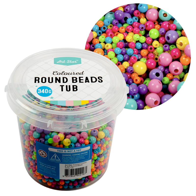 Light Gray Art Star Assorted Colour and Size Round Beads (4, 6 and 8mm) 340g Tub Kids Craft Basics