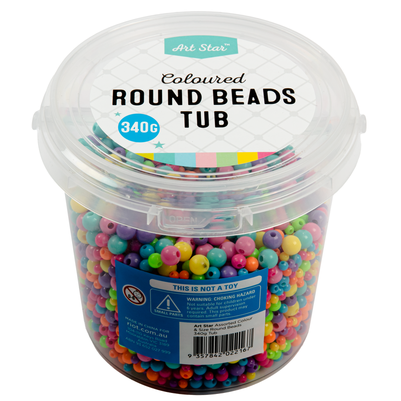 Light Gray Art Star Assorted Colour and Size Round Beads (4, 6 and 8mm) 340g Tub Kids Craft Basics