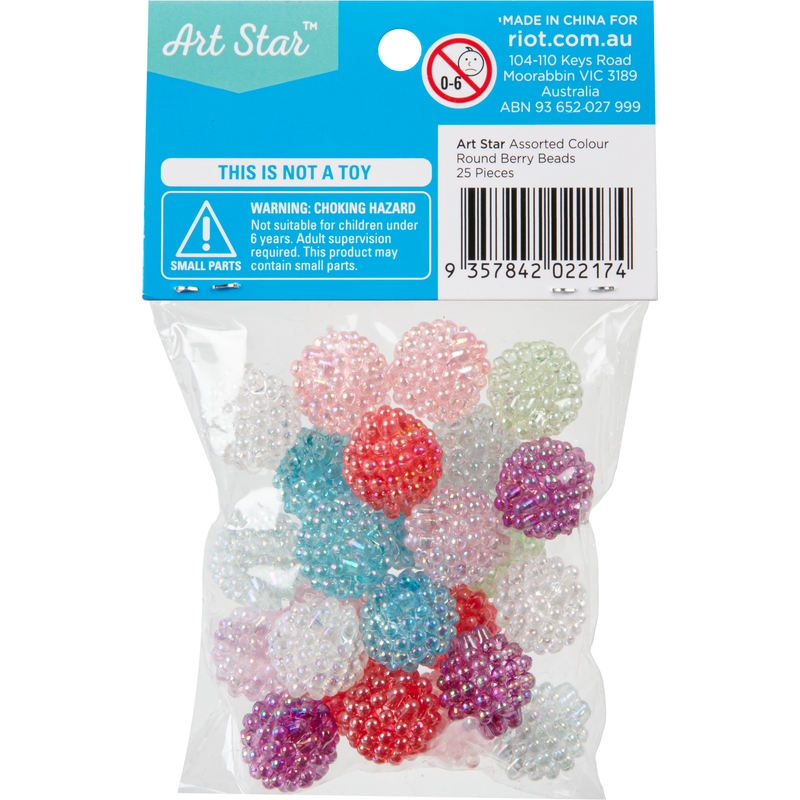 Light Sea Green Art Star Assorted Colour Round Berry Beads 15mm 25 Piece Pack Kids Craft Basics