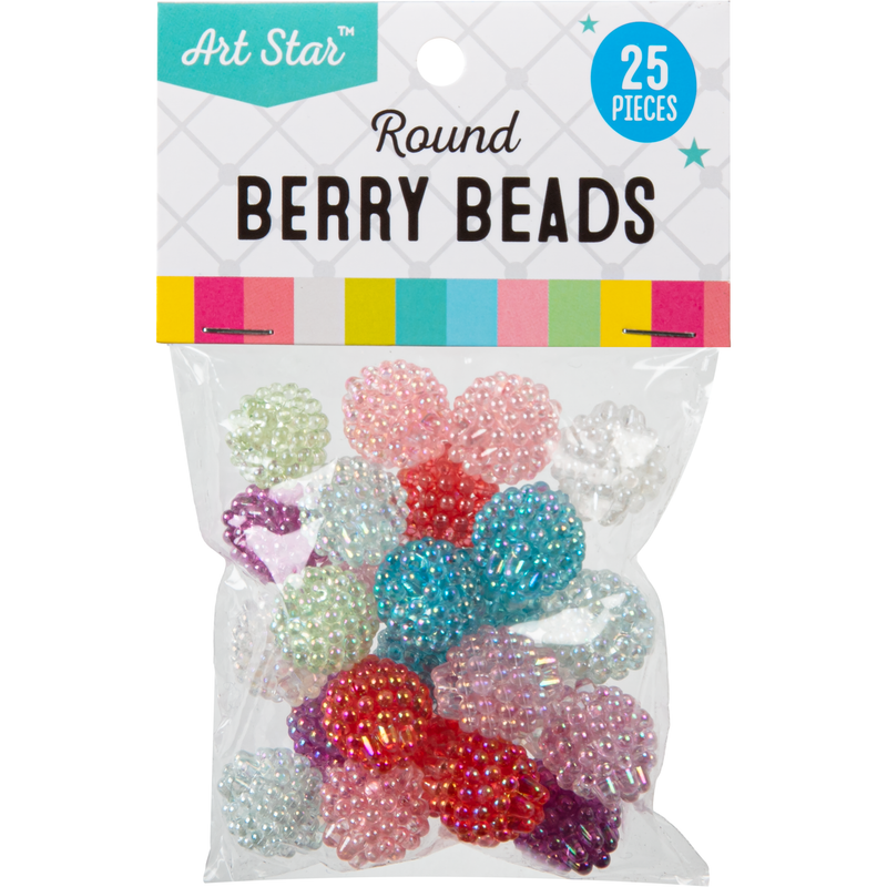 Light Gray Art Star Assorted Colour Round Berry Beads 15mm 25 Piece Pack Kids Craft Basics
