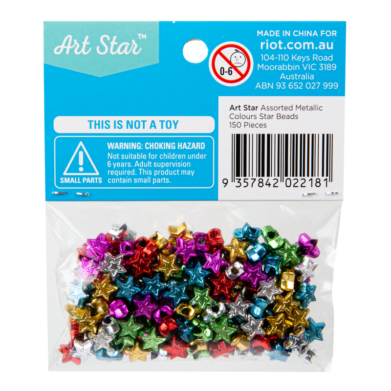 Light Gray Art Star Assorted Metallic Colours Star Beads 6mm 150 Piece Pack Kids Craft Basics