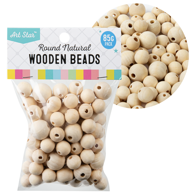 Light Gray Art Star Assorted Size Round Natural Wooden Beads 14 and 18mm 85g Pack Kids Craft Basics