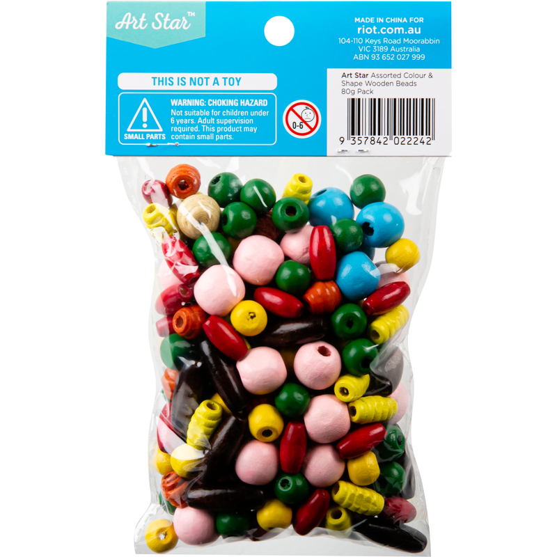 Wheat Art Star Assorted Colour and Shape Wooden Beads 80g Pack Kids Craft Basics