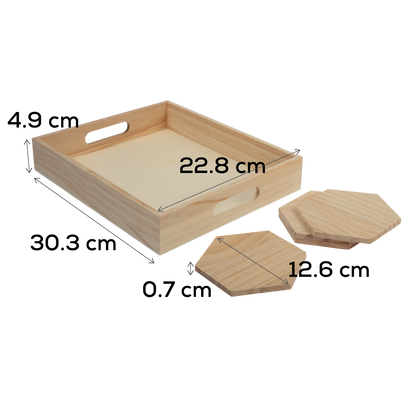 Tan Urban Crafter Pine Rectangular Tray and Hexaganol Coaster Set (5 Pieces) Trays