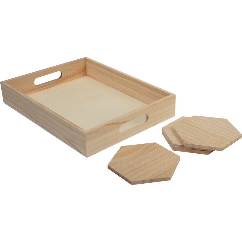 Tan Urban Crafter Pine Rectangular Tray and Hexaganol Coaster Set (5 Pieces) Woodcraft