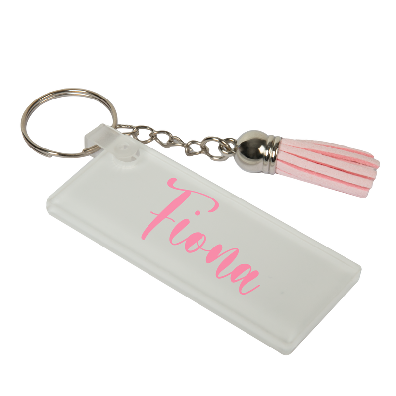 Light Gray Personalisable Acrylic  Keyring with Pink Tassel (Rectangle 7*3*0.4cm) Craft Basics