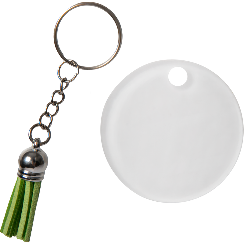 Light Gray Personalisable Acrylic Keyring with Green Tassel-Round 5 x 0.4cm Craft Basics