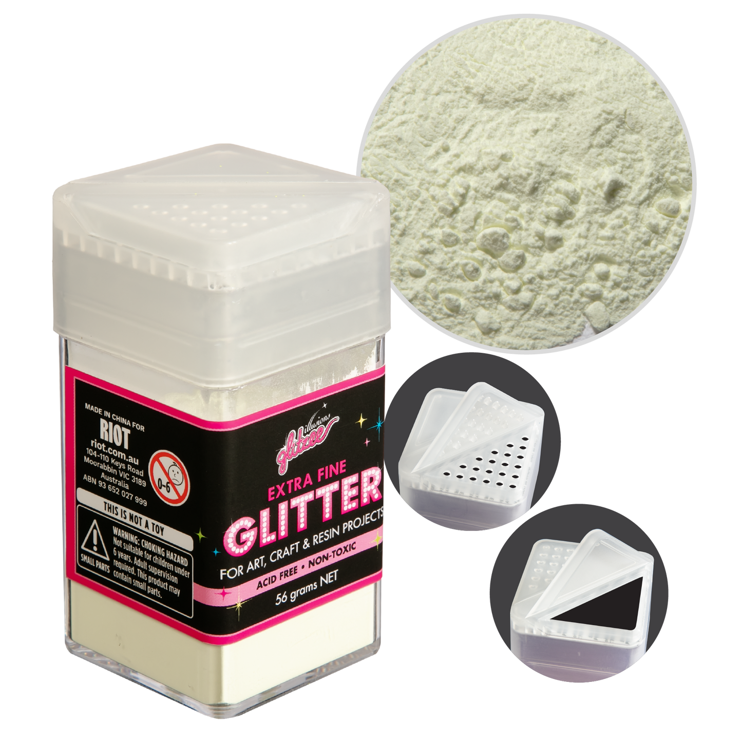 Light Gray Illusions Extra Fine Glitter 0.2mm-Glow In The Dark, Yellow Green (56g) Glitter