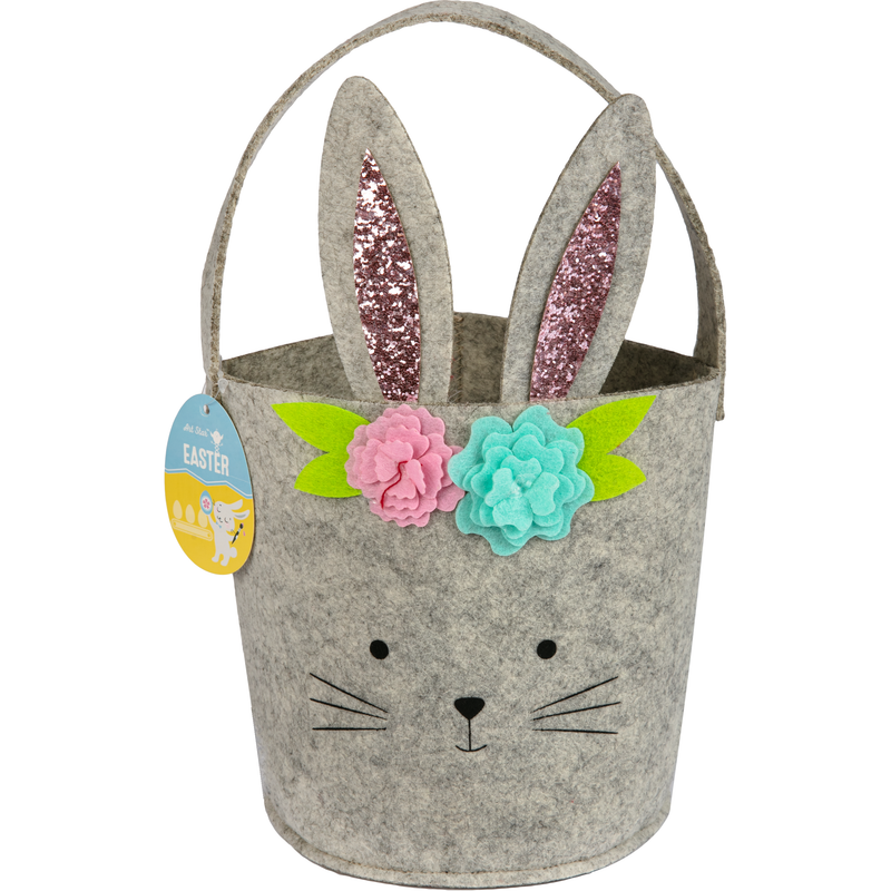 Dark Gray Art Star Easter Felt Bunny Bucket with Flowers and Glitter 32cm Easter
