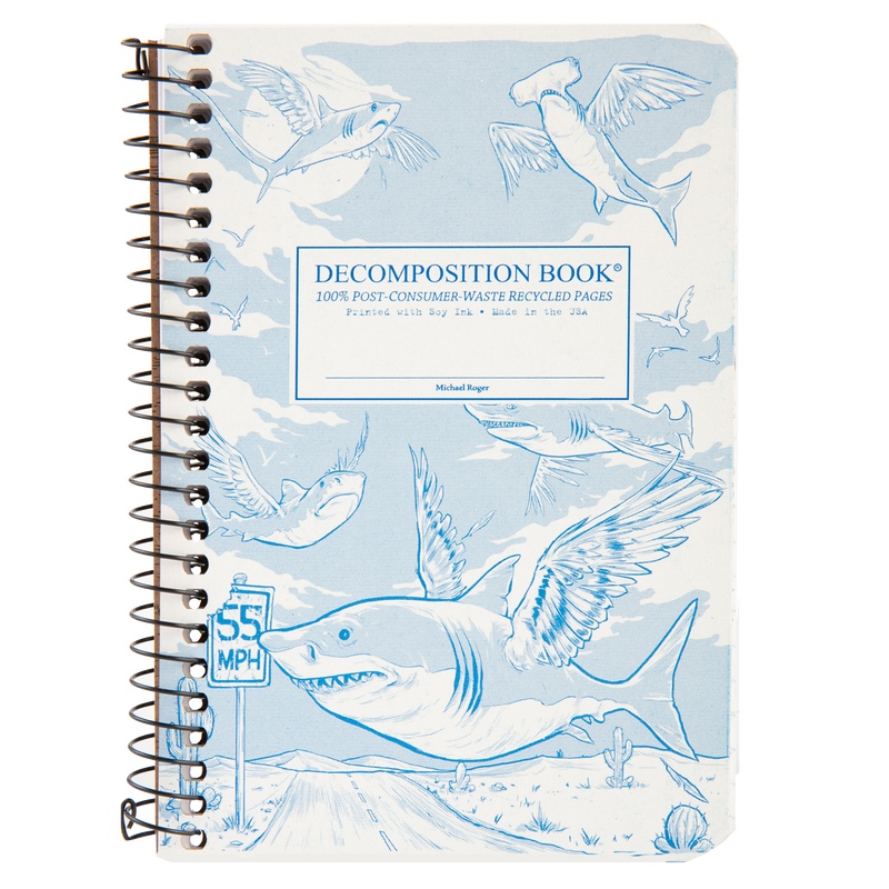 Lavender Decomposition Book Spiral Notebook Ruled  Pocket Flying Sharks Pads