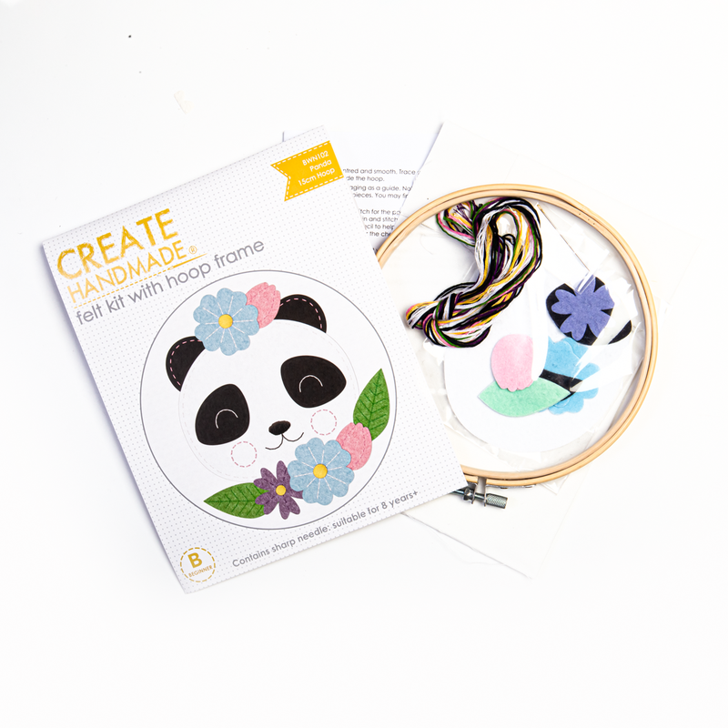 White Smoke Create Handmade Panda Felt Sewing Kit with Hoop Frame 15cm Needlework Kits