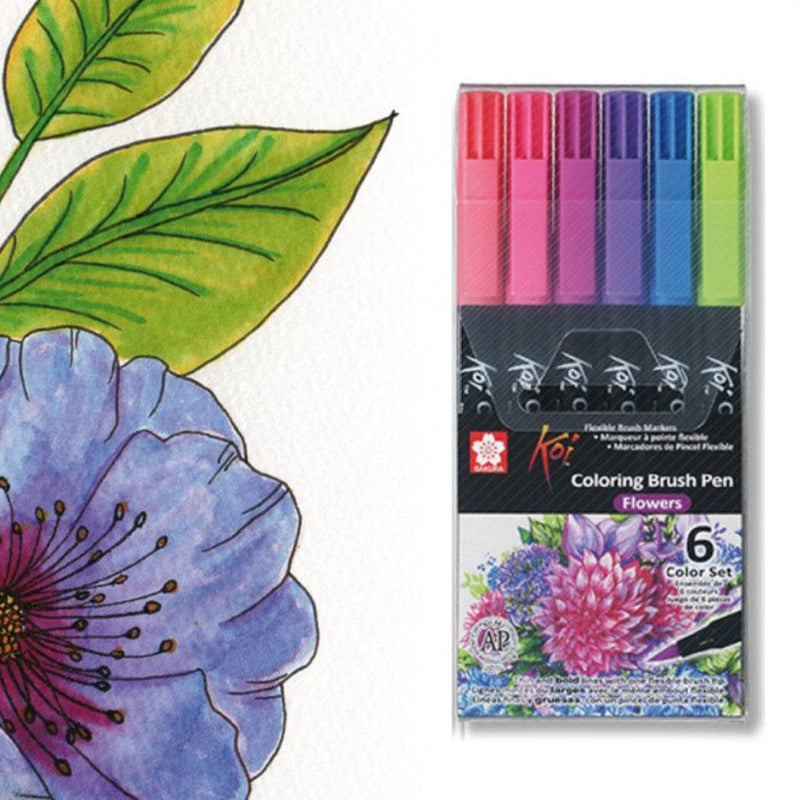 Gray Sakura Koi Colouring Brush Pens Flowers - 6 PACK Pens and Markers