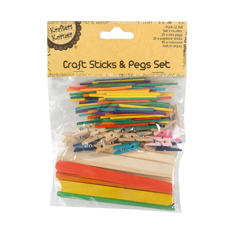 Tan Krafters Korner Mix Craft Sticks & Peg Set 140 Pack Kids Wood Craft