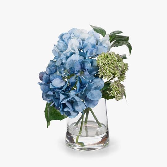 White Smoke Blue Hydrangea Sedum Mix in Vase - 28cm Artifical Flowers