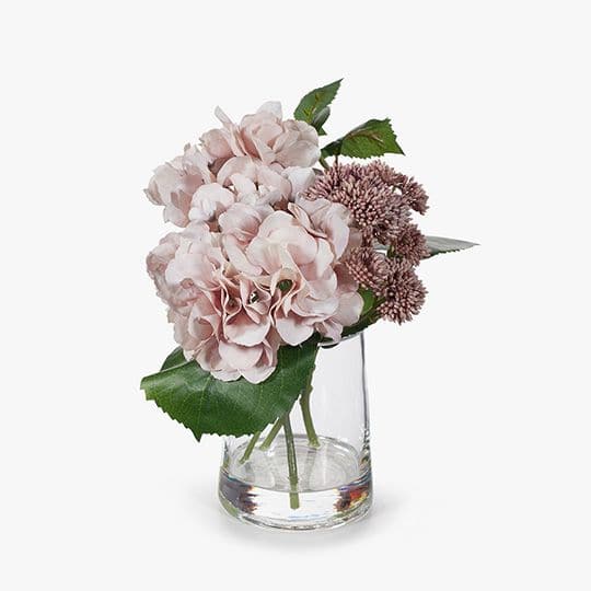 White Smoke Soft Pink Hydrangea Sedum Mix in Vase - 28cm Artifical Flowers
