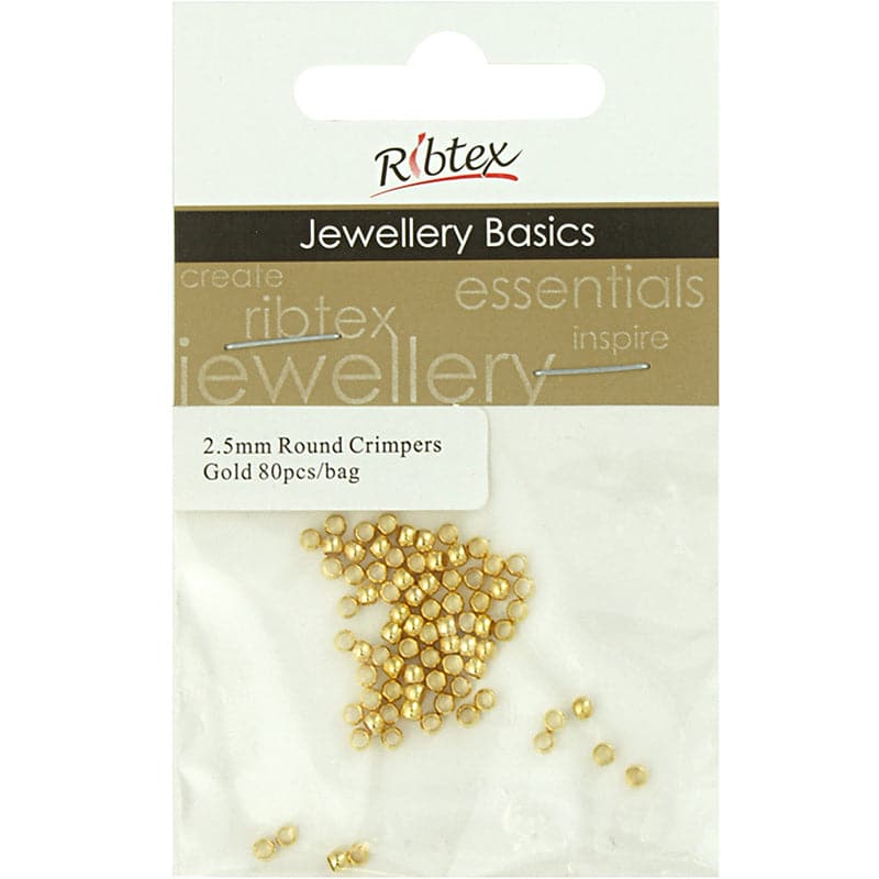 Beige Ribtex Crimpers Round 2.5mm Gold 80 Pieces Jewelry Findings