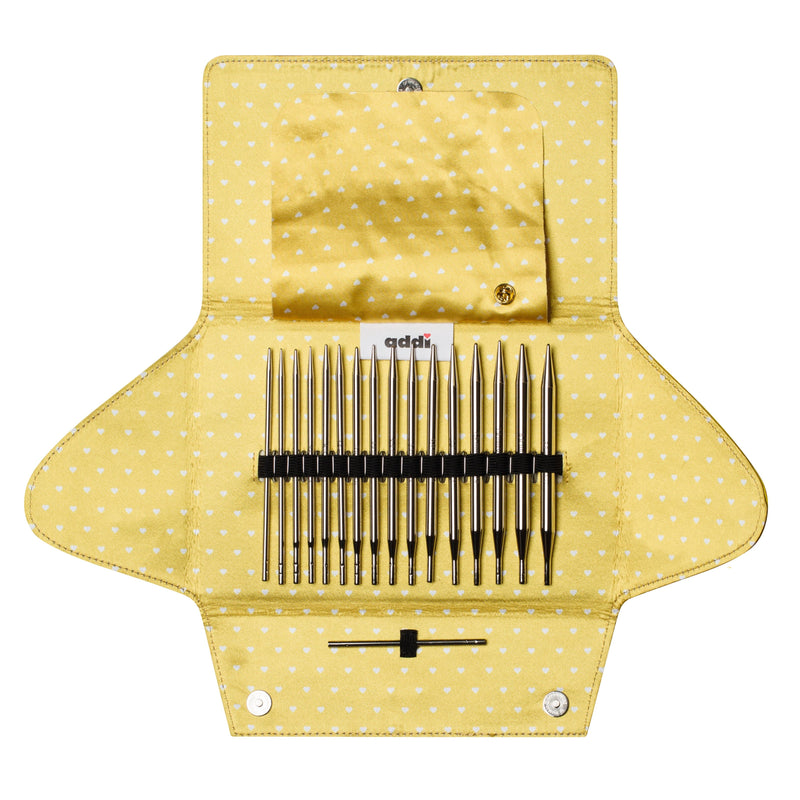Light Goldenrod Addiclick Case, Starter Set Basic and Lace Mix - 8 Pairs of Addi Needles. Knitting Needles