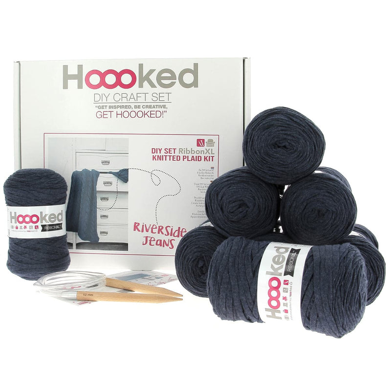 Beige Hoooked RibbonXL Knitted Kit - Throw 175x70cm Riverside Jeans Knitting and Crochet Yarn