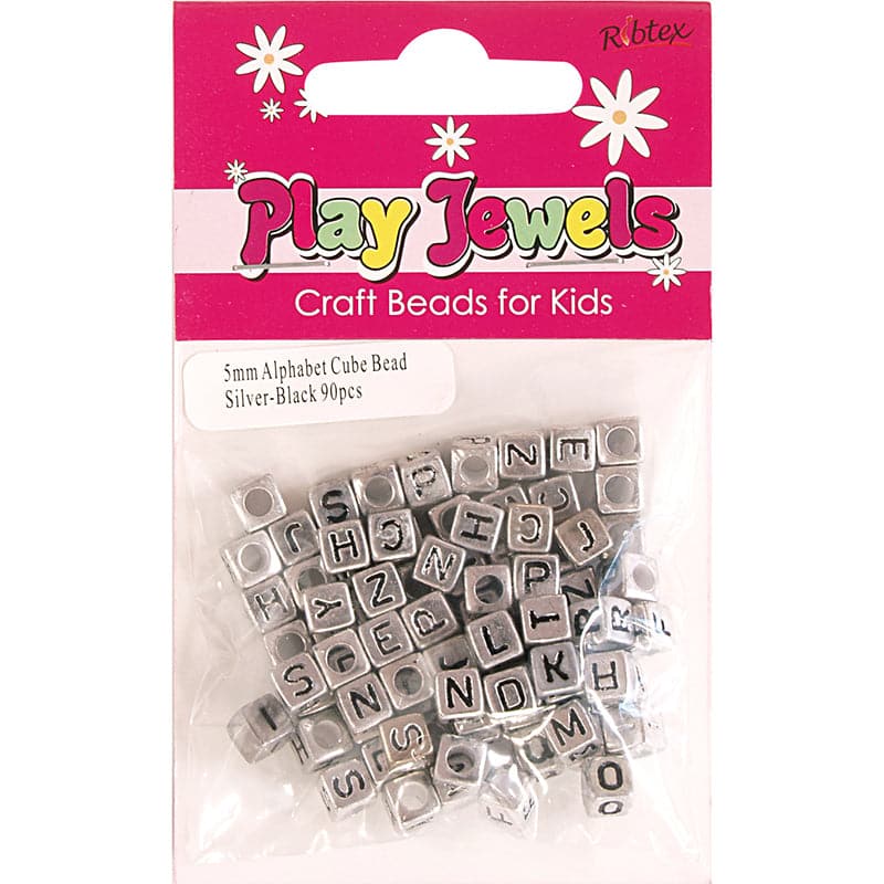 Light Gray Ribtex Bead 5mm Alphabet Cube Slv-Blk 90 Pieces Beads