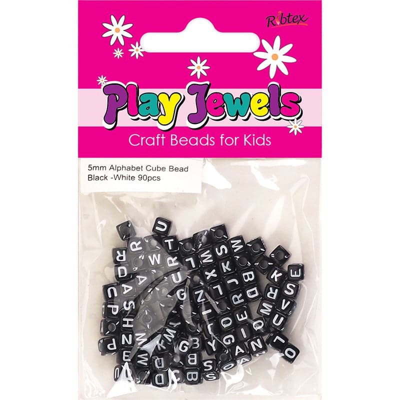 Light Gray Ribtex Bead 5mm Alphabet Cube Blk-Wh 90 Pieces Beads