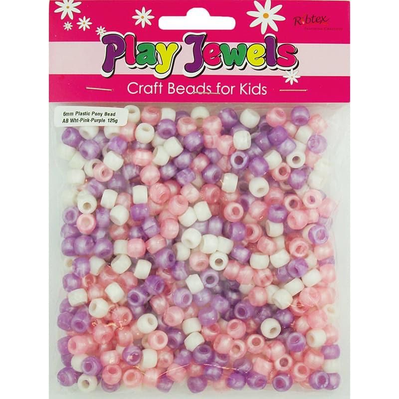 Gray Ribtex VP Plastic Pony Bead-White, Pink, Purple 6mm, 125g Beads