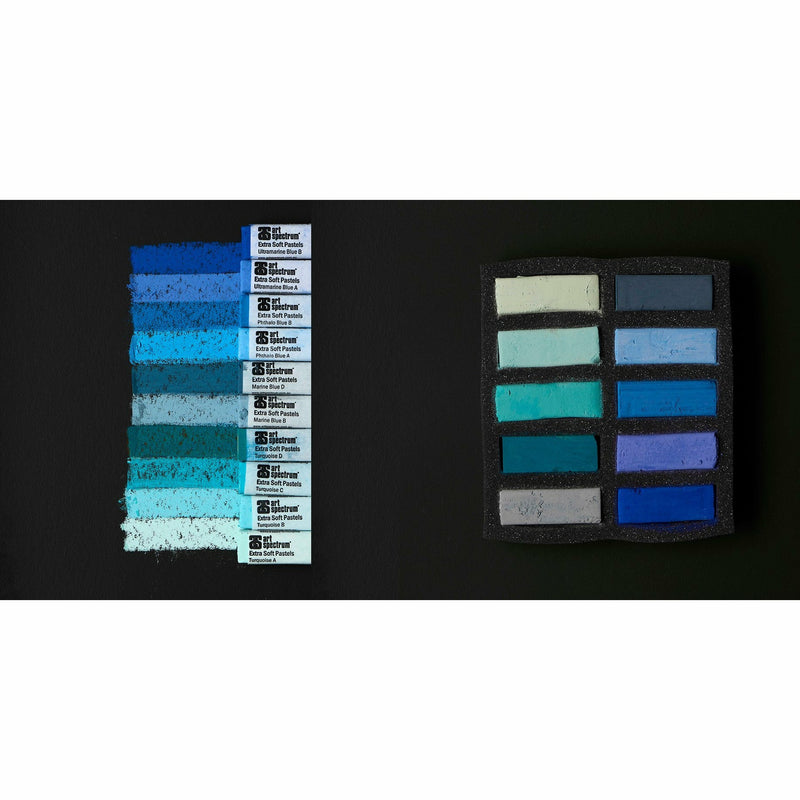 Black Art Spectrum Extra Soft Square Pastel Set Of 10 - Turquoise And Blues Pastels & Charcoal