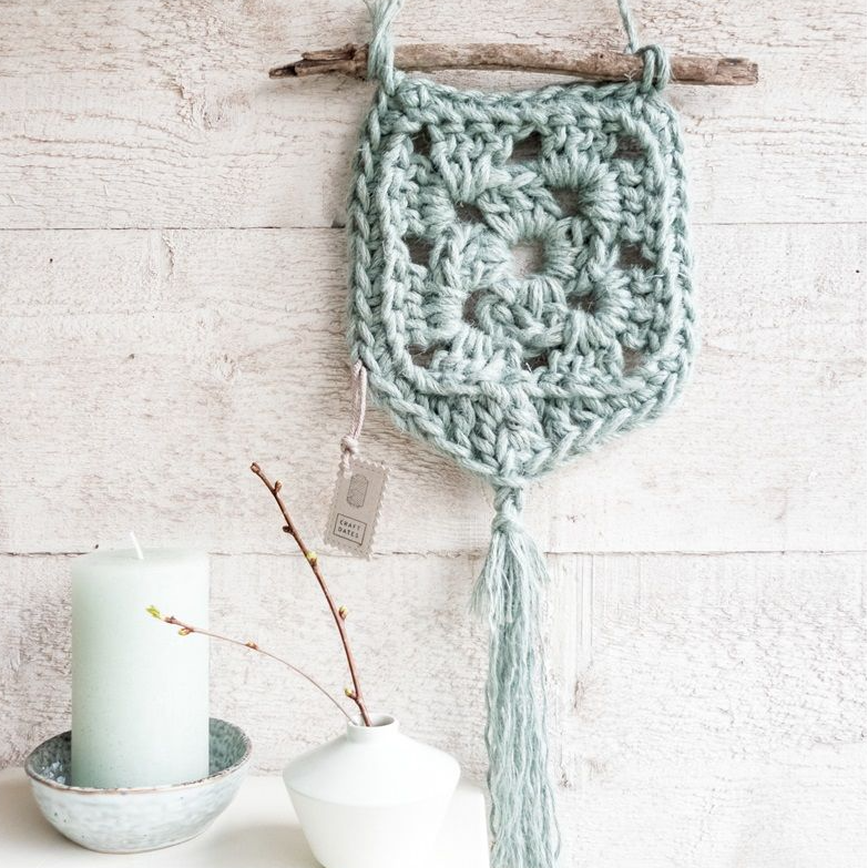 Dark Gray Hoooked Jute Wallhanger Elx - Serenity  Mint -  Weatherproof - 18x18cm Crochet Kits
