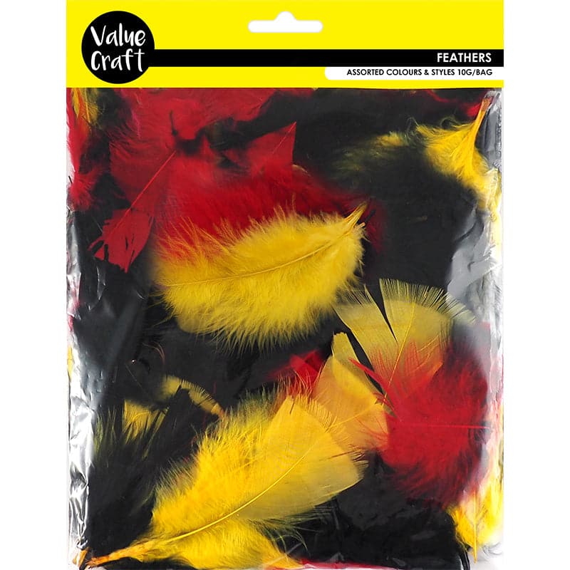 Black Value Craft  Craft Feathers-Black, Red, Yellow 10g Feathers