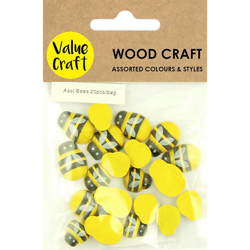 Tan Value Craft  Emb Wood Bees Asst 15-19mm Ylw-Blk 20 Piece Kids Wood Craft