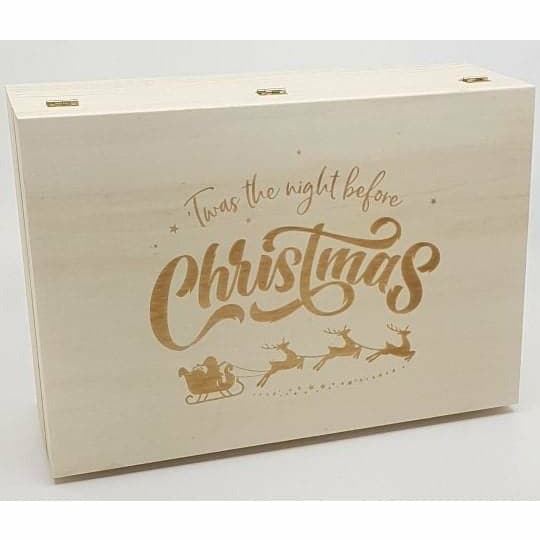 Tan Wooden Keepsake Christmas Eve Box With Printed Sleigh Christmas
